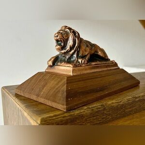 Antique Hardwood Mounted Solid Bronze Lion Figurine Statuette Paperweight